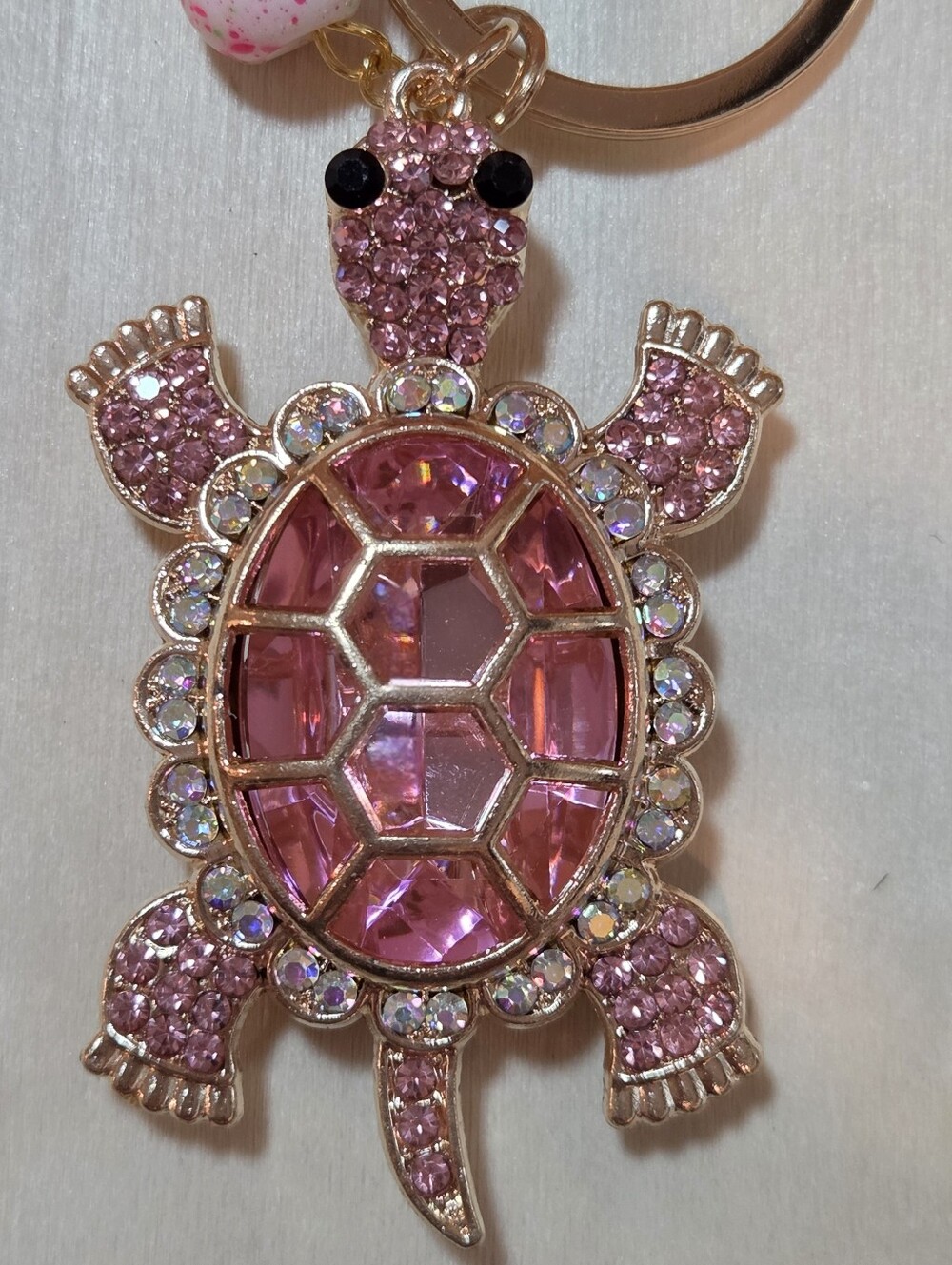 Pink Rhinestone Turtle Keychain with Braided Leather Loop & Cherry Charm